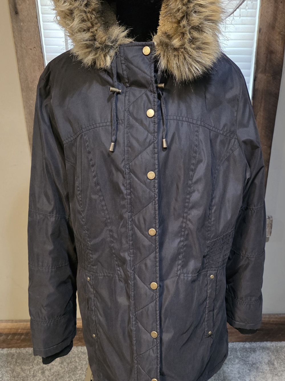 a.n.a Black Hooded Puffer Coat with Faux Fur Trim